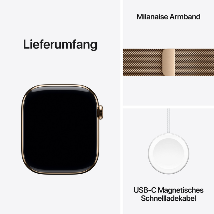 Apple Watch Series 11 GPS + Cellular, 46 mm Titangehäuse Gold, Milanaise Armband Gold - M/L