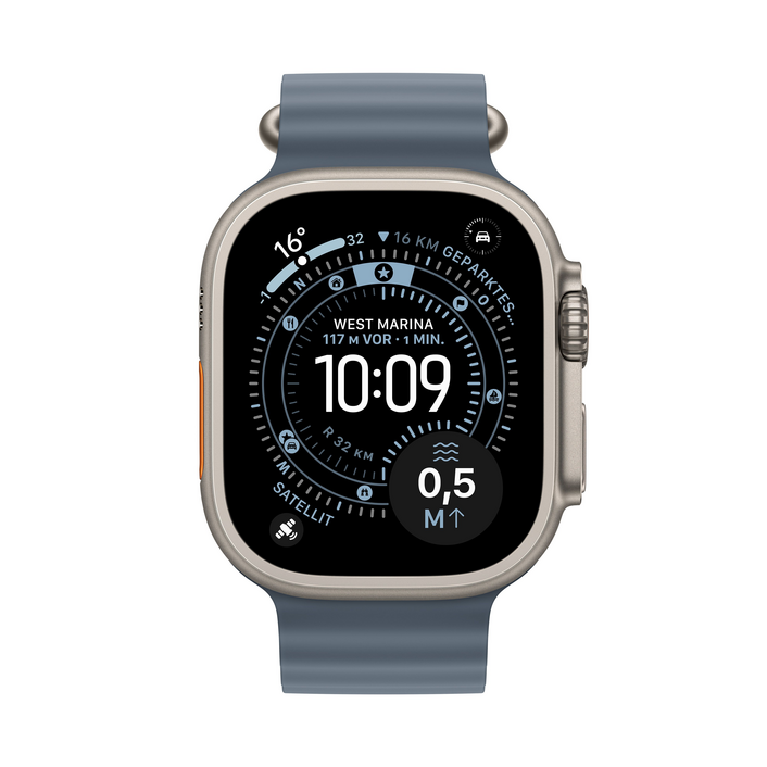 Apple Watch Ultra 3 GPS + Cellular, 49 mm Titangehäuse Natur, Ocean Armband Maritimblau