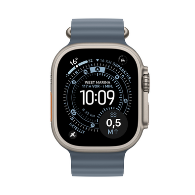 Apple Watch Ultra 3 GPS + Cellular, 49 mm Titangehäuse Natur, Ocean Armband Maritimblau