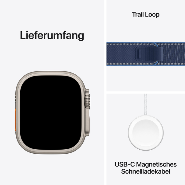 Apple Watch Ultra 3 GPS + Cellular, 49 mm Titangehäuse Natur, Trail Loop Blau/Hellblau - S/M