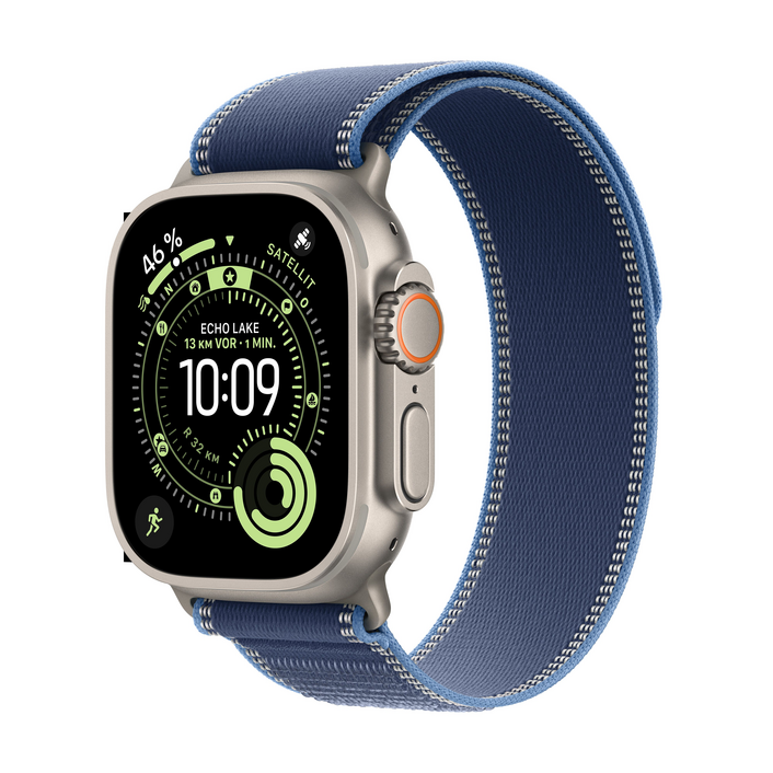 Apple Watch Ultra 3 GPS + Cellular, 49 mm Titangehäuse Natur, Trail Loop Blau/Hellblau - M/L