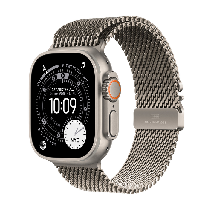Apple Watch Ultra 3 GPS + Cellular, 49 mm Titangehäuse Natur, Milanaise Armband Titan Natur - Medium