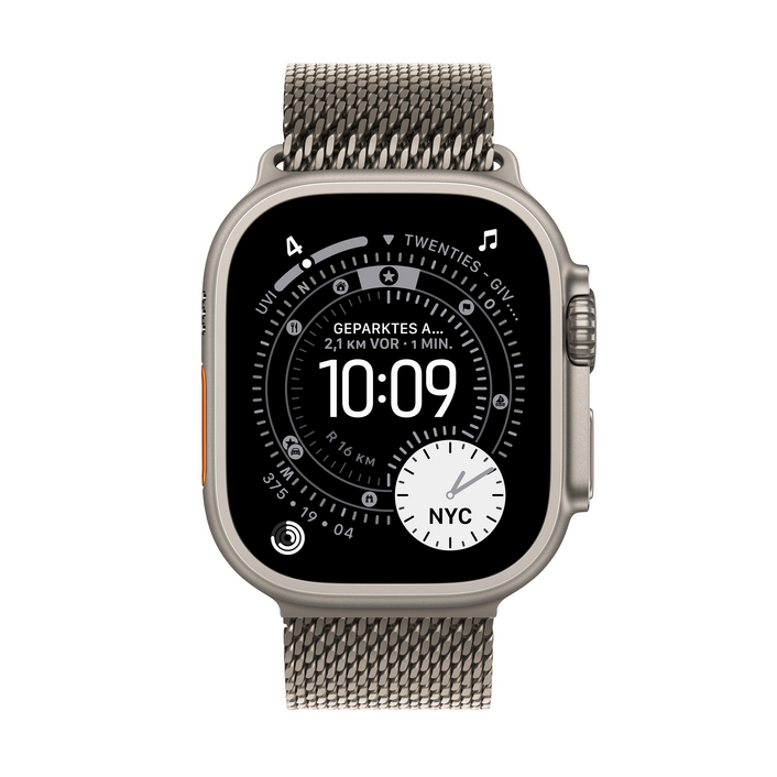 Apple Watch Ultra 3 GPS + Cellular, 49 mm Titangehäuse Natur, Milanaise Armband Titan Natur - Medium