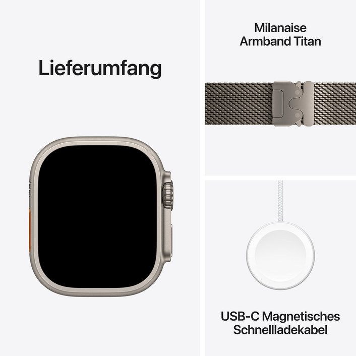 Apple Watch Ultra 3 GPS + Cellular, 49 mm Titangehäuse Natur, Milanaise Armband Titan Natur - Large