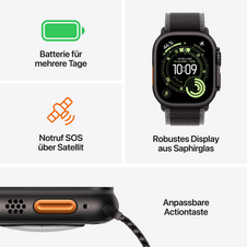 Apple Watch Ultra 3 GPS + Cellular, 49 mm Titangehäuse Schwarz, Trail Loop Schwarz/Kohlegrau - S/M
