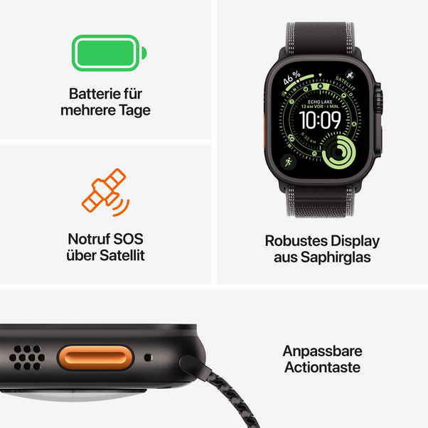 Apple Watch Ultra 3 GPS + Cellular, 49 mm Titangehäuse Schwarz, Trail Loop Schwarz/Kohlegrau - S/M