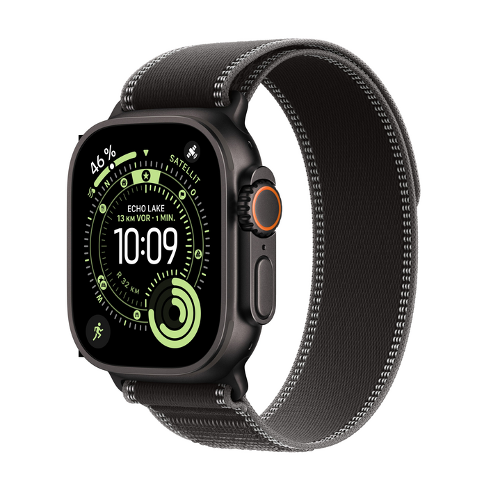Apple Watch Ultra 3 GPS + Cellular, 49 mm Titangehäuse Schwarz, Trail Loop Schwarz/Kohlegrau - M/L