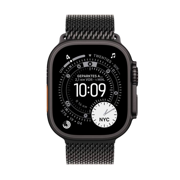 Apple Watch Ultra 3 GPS + Cellular, 49 mm Titangehäuse Schwarz, Milanaise Armband Titan Schwarz - Small