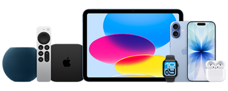 Multiproduct Bild (HomePod mini, Apple TV, iPad, Watch SE 3, iPhone 17 und AirPods 4)