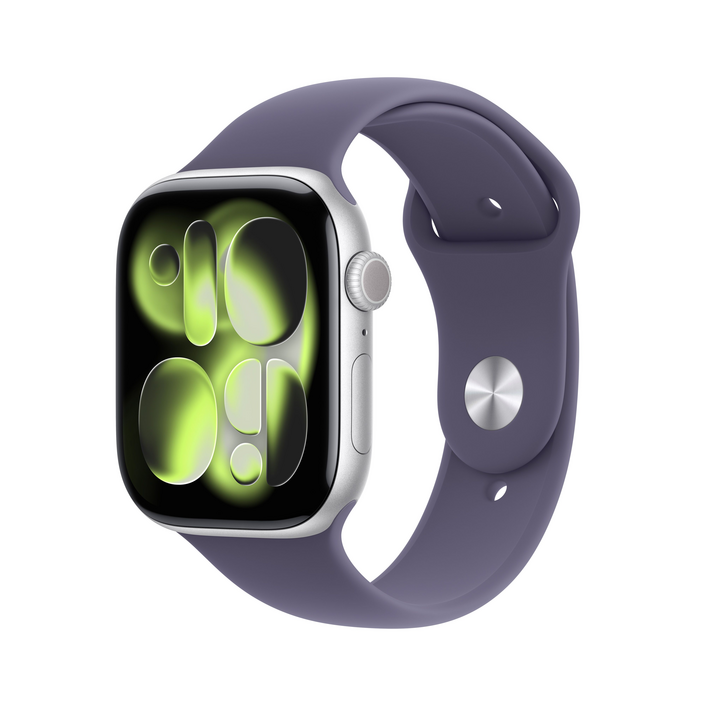 Apple Watch Series 11 GPS, 46 mm Aluminiumgehäuse Silber, Sportarmband Nebelviolett - S/M