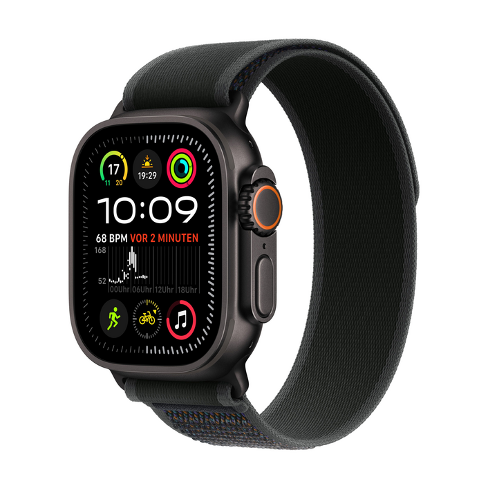 Apple Watch Ultra 2 GPS + Cellular, Titan schwarz, 49mm mit Trail-Armband, schwarz - S/M&gt;