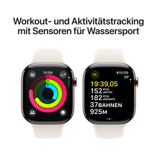 Sie sehen das Produktbild 08 von Apple Watch Series 10 GPS + Cellular, Titan gold, 46mm mit Sportarmband, polarstern - M/L> Apple Watch Series 10 GPS + Cellular, Titan gold, 46mm mit Sportarmband, polarstern - M/L>
