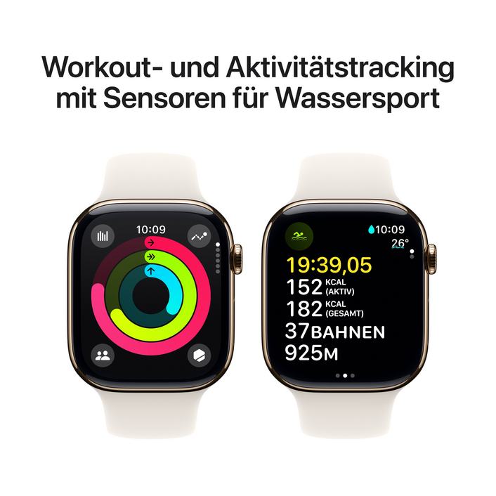 Sie sehen das Produktbild 08 von Apple Watch Series 10 GPS + Cellular, Titan gold, 46mm mit Sportarmband, polarstern - M/L> Apple Watch Series 10 GPS + Cellular, Titan gold, 46mm mit Sportarmband, polarstern - M/L>