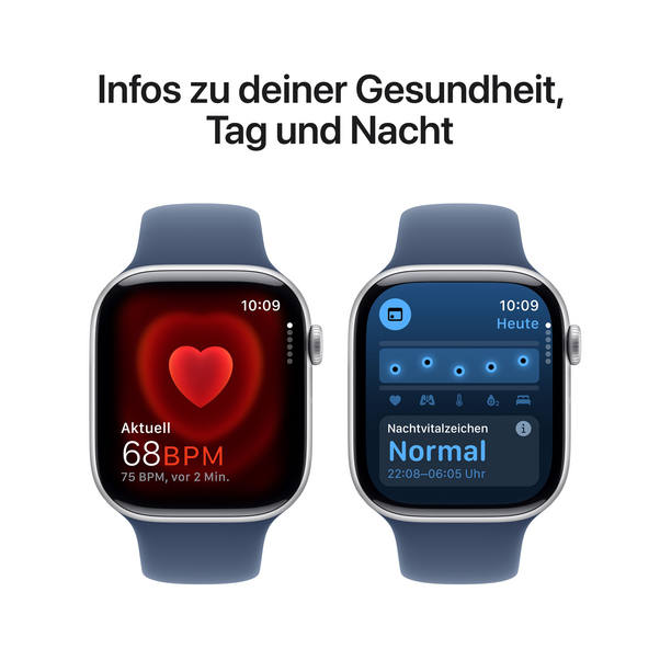Apple Watch Series 10 GPS, Aluminium silber, 46mm mit Sportarmband, denim - M/L>