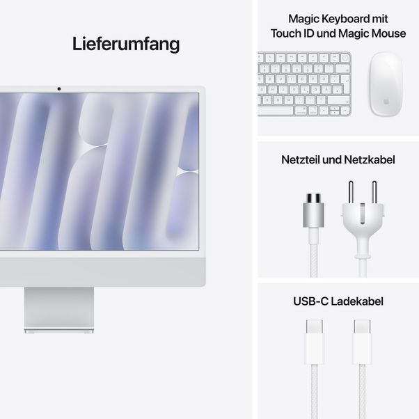 iMac 24" mit 4.5K Retina Display, M4 Chip 10-Core CPU und 10-Core GPU, 24GB, 512GB SSD, silber