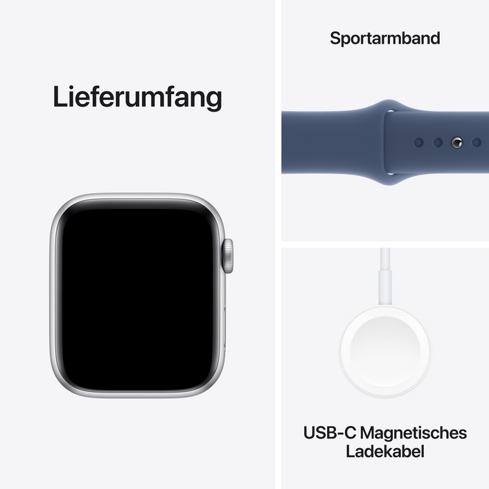 Apple Watch SE GPS, Aluminium silber, 44mm mit Sportarmband, denim - S/M>