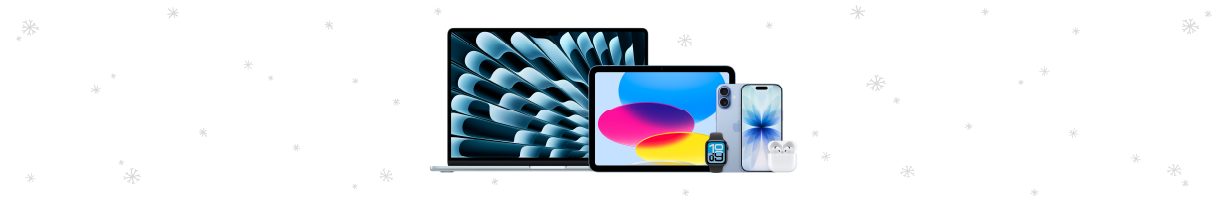 MacBook Air (M4), iPad, Apple Watch Series 11, iPhone 17 und AirPods 4 umgeben von Schneeflocken