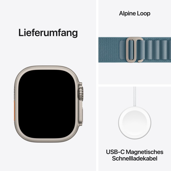 Sie sehen das Produktbild 08 von Apple Watch Ultra 3 GPS + Cellular, 49 mm Titangehäuse Natur, Alpine Loop Hellblau - Medium Apple Watch Ultra 3 GPS + Cellular, 49 mm Titangehäuse Natur, Alpine Loop Hellblau - Medium