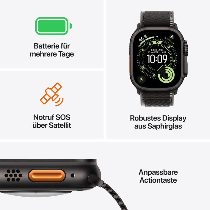 Sie sehen das Produktbild 03 von Apple Watch Ultra 3 GPS + Cellular, 49 mm Titangehäuse Schwarz, Alpine Loop Schwarz - Small Apple Watch Ultra 3 GPS + Cellular, 49 mm Titangehäuse Schwarz, Alpine Loop Schwarz - Small