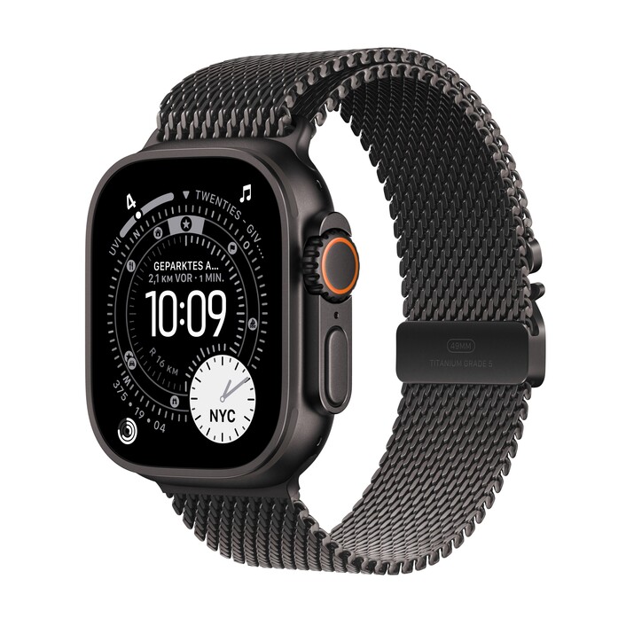 Apple Watch Ultra 3 GPS + Cellular, 49 mm Titangehäuse Schwarz, Milanaise Armband Titan Schwarz - Medium