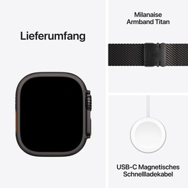 Apple Watch Ultra 3 GPS + Cellular, 49 mm Titangehäuse Schwarz, Milanaise Armband Titan Schwarz - Small
