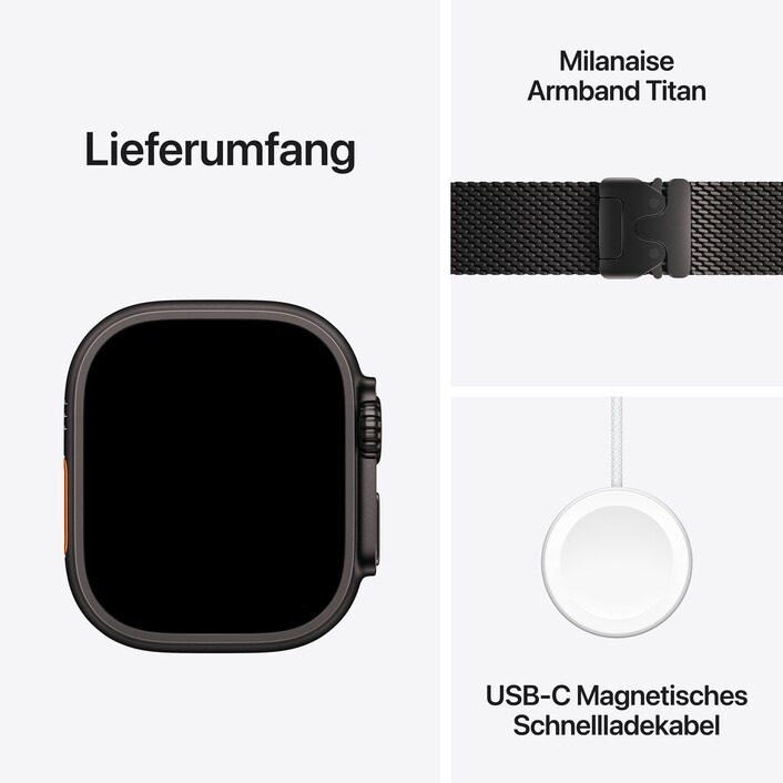 Apple Watch Ultra 3 GPS + Cellular, 49 mm Titangehäuse Schwarz, Milanaise Armband Titan Schwarz - Small