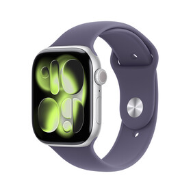 Apple Watch Series 11 GPS + Cellular, 46 mm Aluminiumgehäuse Silber, Sportarmband Nebelviolett - S/M