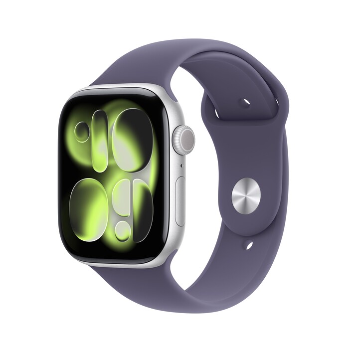 Sie sehen das Produktbild 01 von Apple Watch Series 11 GPS + Cellular, 46 mm Aluminiumgehäuse Silber, Sportarmband Nebelviolett - S/M Apple Watch Series 11 GPS + Cellular, 46 mm Aluminiumgehäuse Silber, Sportarmband Nebelviolett - S/M