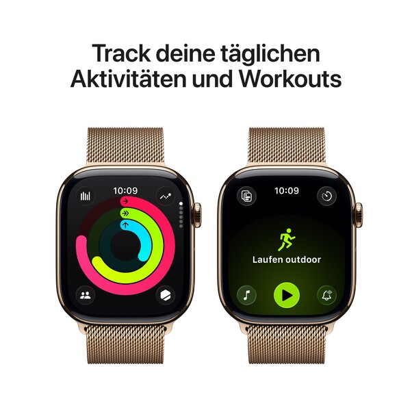 Sie sehen das Produktbild 04 von Apple Watch Series 11 GPS + Cellular, 46 mm Titangehäuse Gold, Milanaise Armband Gold - M/L Apple Watch Series 11 GPS + Cellular, 46 mm Titangehäuse Gold, Milanaise Armband Gold - M/L