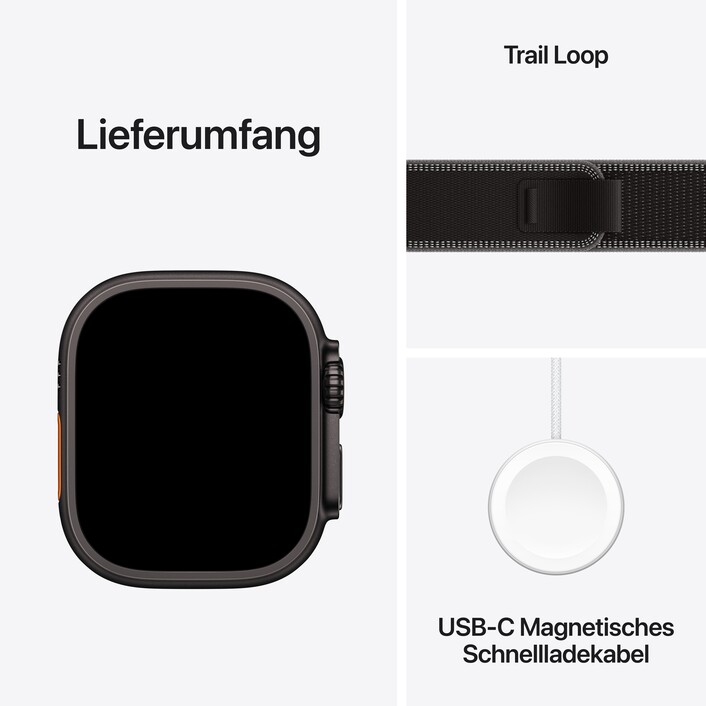 Apple Watch Ultra 3 GPS + Cellular, 49 mm Titangehäuse Schwarz, Trail Loop Schwarz/Kohlegrau - M/L