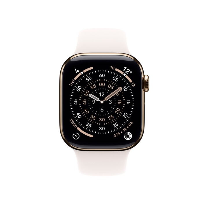 Apple Watch Series 11 GPS + Cellular, 42 mm Titangehäuse Gold, Sportarmband Blassrosa - S/M