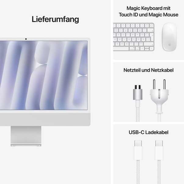 24" iMac mit Retina 4,5K Display: Apple M4 Chip mit 10‑Core CPU und 10‑Core GPU, 256 GB SSD - Silber