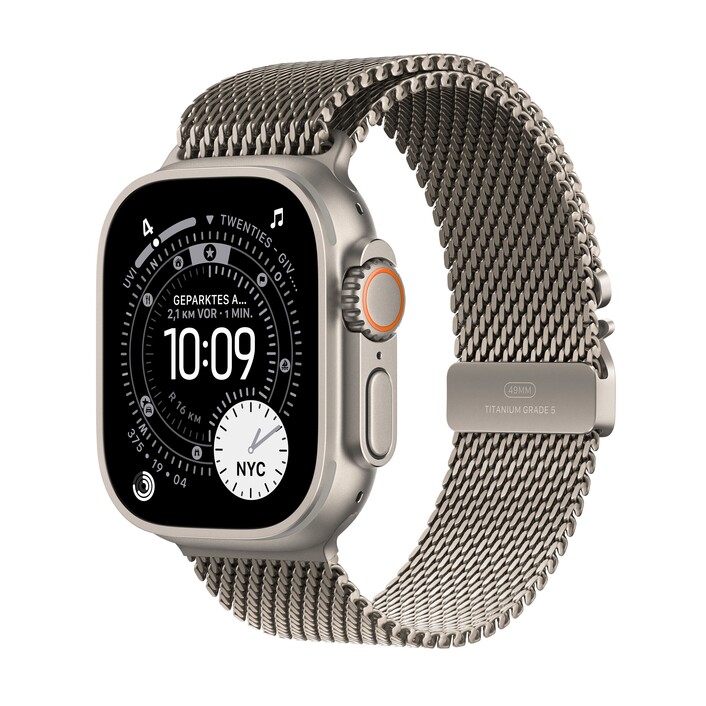 Sie sehen das Produktbild 01 von Apple Watch Ultra 3 GPS + Cellular, 49 mm Titangehäuse Natur, Milanaise Armband Titan Natur - Small Apple Watch Ultra 3 GPS + Cellular, 49 mm Titangehäuse Natur, Milanaise Armband Titan Natur - Small
