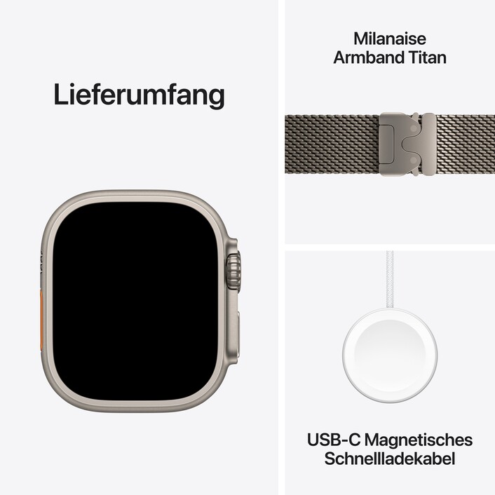 Sie sehen das Produktbild 08 von Apple Watch Ultra 3 GPS + Cellular, 49 mm Titangehäuse Natur, Milanaise Armband Titan Natur - Small Apple Watch Ultra 3 GPS + Cellular, 49 mm Titangehäuse Natur, Milanaise Armband Titan Natur - Small