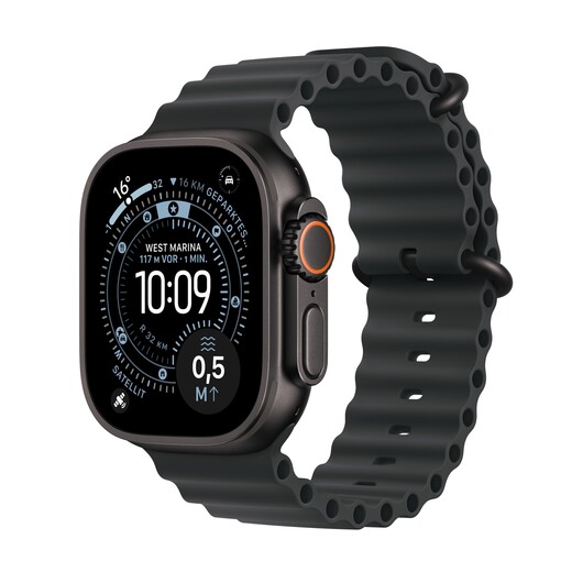 Sie sehen das Produktbild 01 von Apple Watch Ultra 3 GPS + Cellular, 49 mm Titangehäuse Schwarz, Ocean Armband Schwarz Apple Watch Ultra 3 GPS + Cellular, 49 mm Titangehäuse Schwarz, Ocean Armband Schwarz