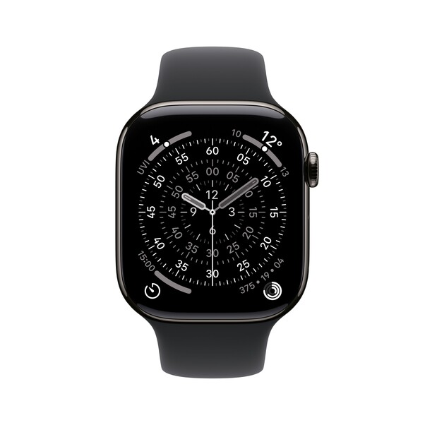 Sie sehen das Produktbild 02 von Apple Watch Series 11 GPS + Cellular, 46 mm Titangehäuse Schiefer, Sportarmband Schwarz - M/L Apple Watch Series 11 GPS + Cellular, 46 mm Titangehäuse Schiefer, Sportarmband Schwarz - M/L