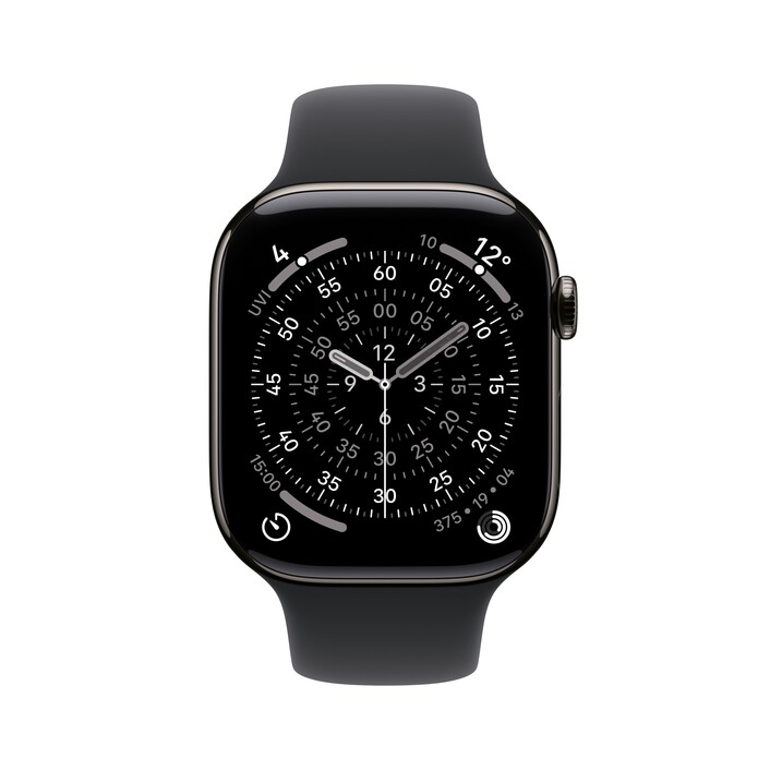 Apple Watch Series 11 GPS + Cellular, 46 mm Titangehäuse Schiefer, Sportarmband Schwarz - M/L