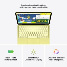 13" MacBook Neo: Apple A18 Pro Chip mit 6‑core CPU und 5‑core GPU, Magic Keyboard, 256 GB SSD - Zitrus