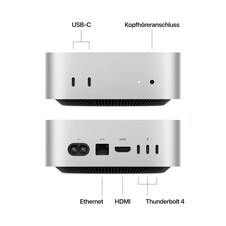 Mac mini: Apple M4 Chip mit 10‑Core CPU und 10‑Core GPU, 512 GB SSD - Silber