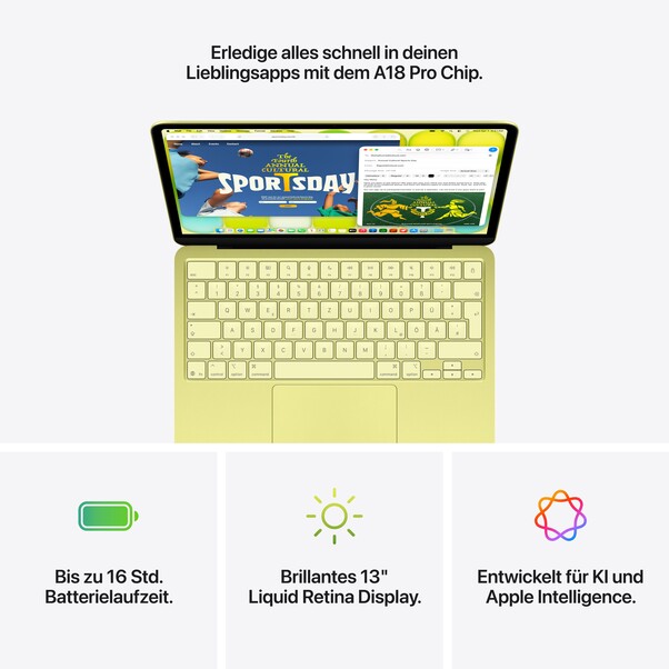 13" MacBook Neo: Apple A18 Pro Chip mit 6‑core CPU und 5‑core GPU, Magic Keyboard, 256 GB SSD - Indigo