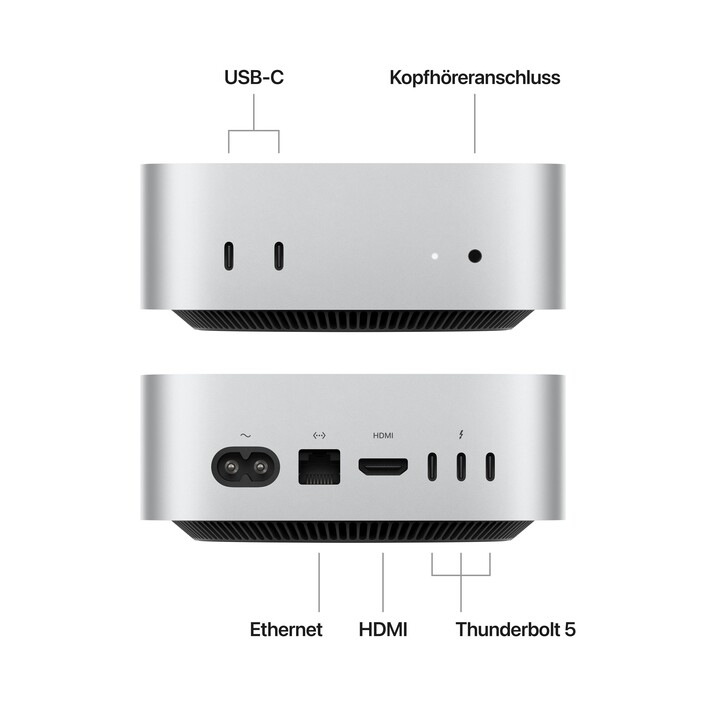 Sie sehen das Produktbild 02 von Mac mini: Apple M4 Pro Chip mit 12‑Core CPU und 16‑Core GPU, 512 GB SSD - Silber Mac mini: Apple M4 Pro Chip mit 12‑Core CPU und 16‑Core GPU, 512 GB SSD - Silber