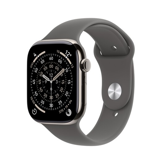 Sie sehen das Produktbild 01 von Apple Watch Series 11 GPS + Cellular, 46 mm Titangehäuse Natur, Sportarmband Steingrau - S/M Apple Watch Series 11 GPS + Cellular, 46 mm Titangehäuse Natur, Sportarmband Steingrau - S/M