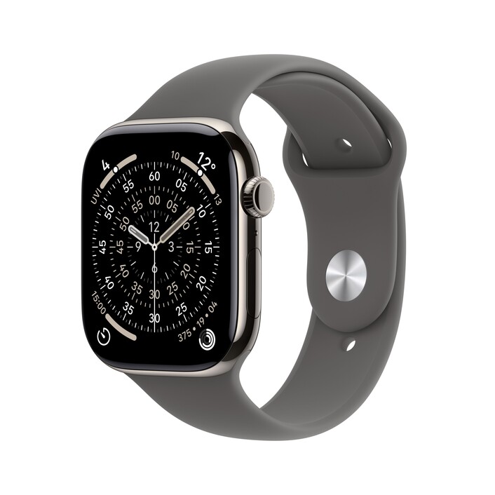 Sie sehen das Produktbild 01 von Apple Watch Series 11 GPS + Cellular, 46 mm Titangehäuse Natur, Sportarmband Steingrau - S/M Apple Watch Series 11 GPS + Cellular, 46 mm Titangehäuse Natur, Sportarmband Steingrau - S/M