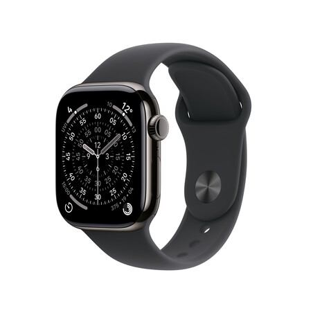 Apple Watch Series 11 GPS + Cellular, 42 mm Titangehäuse Schiefer, Sportarmband Schwarz - S/M