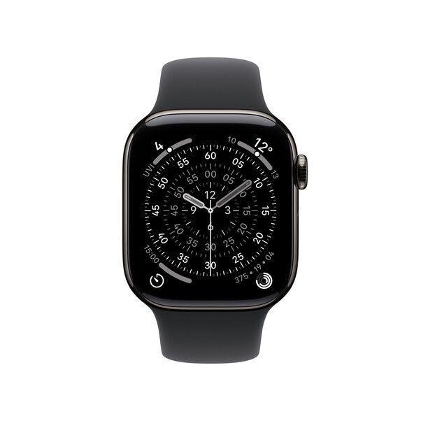 Apple Watch Series 11 GPS + Cellular, 42 mm Titangehäuse Schiefer, Sportarmband Schwarz - S/M
