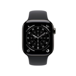 Apple Watch Series 11 GPS + Cellular, 42 mm Titangehäuse Schiefer, Sportarmband Schwarz - M/L