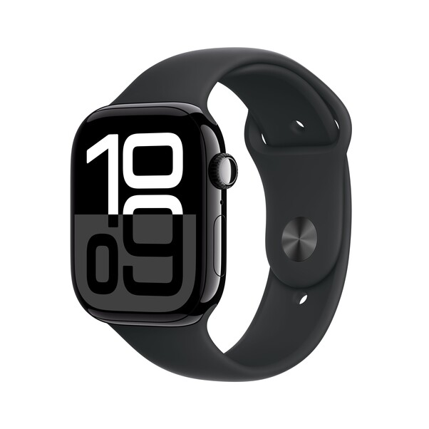Apple Watch Series 10 GPS, 46 mm Aluminiumgehäuse Diamantschwarz, Sportarmband Schwarz ­− S/M