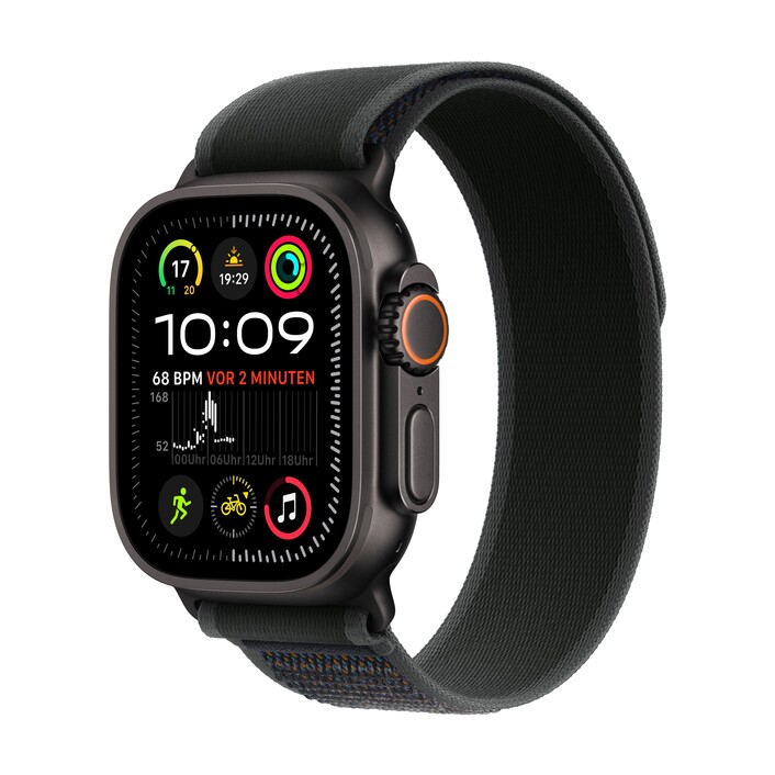 Apple Watch Ultra 2 GPS + Cellular, 49 mm Titangehäuse Schwarz, Trail Loop Schwarz – M/L