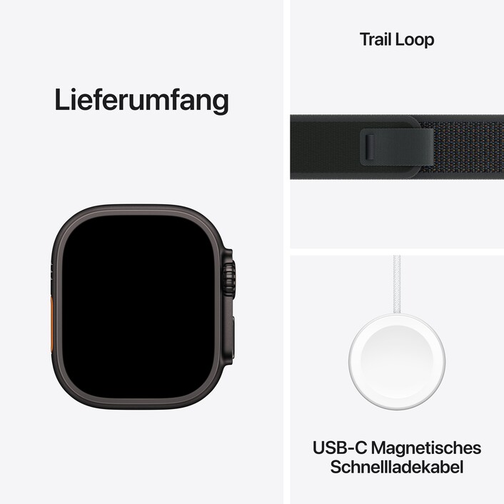 Apple Watch Ultra 2 GPS + Cellular, 49 mm Titangehäuse Schwarz, Trail Loop Schwarz – M/L