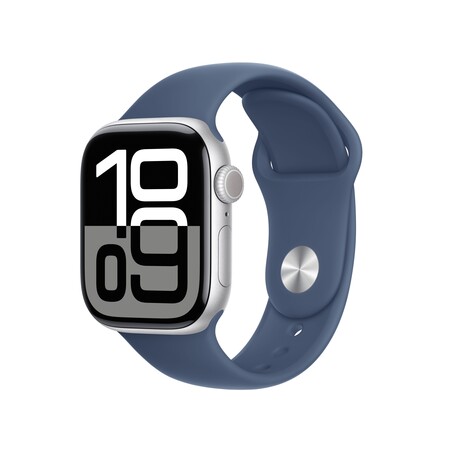 Sie sehen das Produktbild 01 von Apple Watch Series 10 GPS + Cellular, 42 mm Aluminiumgehäuse Silber, Sportarmband Denim −M/L Apple Watch Series 10 GPS + Cellular, 42 mm Aluminiumgehäuse Silber, Sportarmband Denim −M/L